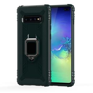 huismerk Voor Galaxy S10+ Carbon Fiber Beschermhoes met 360 graden roterende ringhouder(groen)