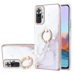 huismerk Voor Xiaomi Redmi Note 10 Pro / Note 10 Pro Max Electloplating Marmeren Patroon IMD TPU Shockproof Case met ringhouder (White 006)