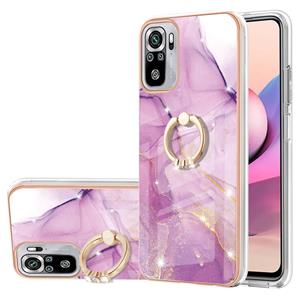 huismerk Voor Xiaomi Redmi Note 10s / Note 10 4G Electroplating Marmeren Patroon IMD TPU Shockproof Case met ringhouder (paars 001)