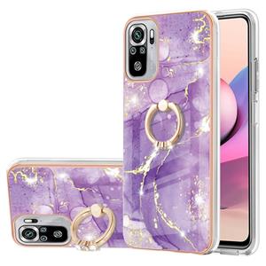 huismerk Voor Xiaomi Redmi Note 10s / Note 10 4G Electroplating Marmeren Patroon IMD TPU Schokbestendig Case met Ringhouder (Purple 002)