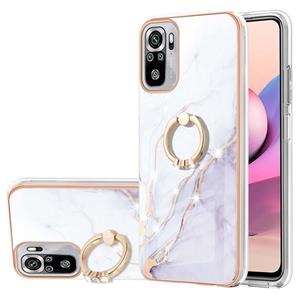 huismerk Voor Xiaomi Redmi Note 10s / Note 10 4G Electloplating Marmeren Patroon IMD TPU Shockproof Case met ringhouder (wit 006)