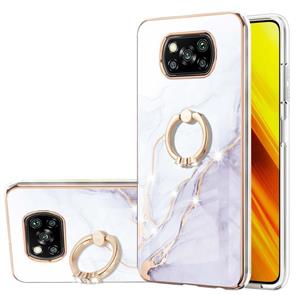 Voor Xiaomi Poco X3 NFC galvaniseren marmeren patroon IMD TPU schokbestendig geval met ringhouder (wit 006)