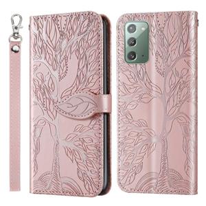 huismerk Voor Samsung Galaxy Note20 Life of Tree Embossing Pattern Horizontale Flip Lederen Case met Holder & Card Slot & Wallet & Photo Frame & Lanyard(Rose G