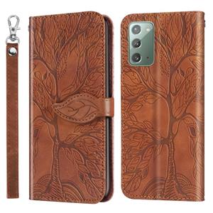 huismerk Voor Samsung Galaxy Note20 Life of Tree Embossing Pattern Horizontale Flip Lederen Case met Holder & Card Slot & Wallet & Photo Frame & Lanyard(Bruin)