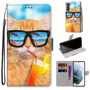 huismerk For Samsung Galaxy S22 5G Coloured Drawing Cross Texture Horizontal Flip Leather Phone Case with Holder & Card Slots & Wallet & Lanyard(Cat Drinking S