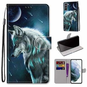 huismerk For Samsung Galaxy S22 5G Coloured Drawing Cross Texture Horizontal Flip Leather Phone Case with Holder & Card Slots & Wallet & Lanyard(Pensive Wolf)