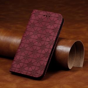 huismerk Voor iPhone XR Lucky Flowers Embossing Pattern Magnetic Horizontal Flip Leather Case met Holder & Card Slots(Wine Red)