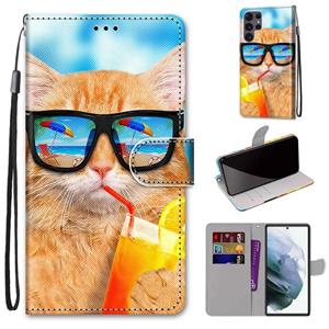 huismerk For Samsung Galaxy S22 Ultra 5G Coloured Drawing Cross Texture Horizontal Flip Leather Phone Case with Holder & Card Slots & Wallet & Lanyard(Cat Drin