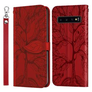 huismerk Voor Samsung Galaxy S10 Life of Tree Embossing Pattern Horizontale Flip Lederen Case met Holder & Card Slot & Wallet & Photo Frame & Lanyard(Red)