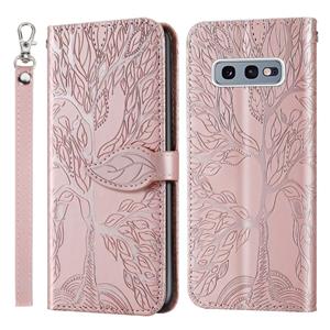 huismerk Voor Samsung Galaxy S10e Life of Tree Embossing Pattern Horizontale Flip Lederen Case met Holder & Card Slot & Wallet & Photo Frame & Lanyard(Rose Gol