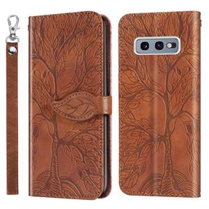 huismerk Voor Samsung Galaxy S10e Life of Tree Embossing Pattern Horizontale Flip Lederen Case met Holder & Card Slot & Wallet & Photo Frame & Lanyard(Bruin)