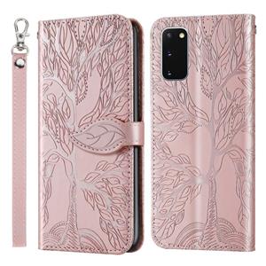 huismerk Voor Samsung Galaxy S20 Life of Tree Embossing Pattern Horizontale Flip Lederen Case met Holder & Card Slot & Wallet & Photo Frame & Lanyard(Rose Gold