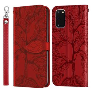 huismerk Voor Samsung Galaxy S20 Life of Tree Embossing Pattern Horizontale Flip Lederen Case met Holder & Card Slot & Wallet & Photo Frame & Lanyard(Red)