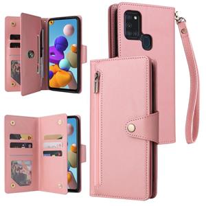 Voor Samsung Galaxy A21s Rivet Buckle 9 Cards Three Lederen Phone Case (Rose Gold)