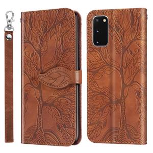 huismerk Voor Samsung Galaxy S20 Life of Tree Embossing Pattern Horizontale Flip Lederen Case met Holder & Card Slot & Wallet & Photo Frame & Lanyard(Bruin)