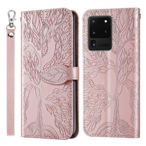 huismerk Voor Samsung Galaxy S20 Ultra Life of Tree Embossing Pattern Horizontale Flip Lederen Case met Holder & Card Slot & Wallet & Photo Frame & Lanyard(Ros