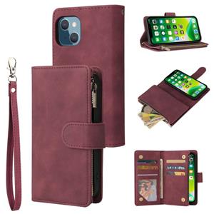 huismerk Multifunctional Phone Leather Case with Card Slot & Holder & Zipper Wallet & Photo Frame For iPhone 13 mini(Wine Red)