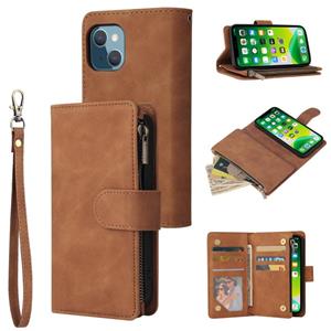 huismerk Multifunctional Phone Leather Case with Card Slot & Holder & Zipper Wallet & Photo Frame For iPhone 13 mini(Brown)