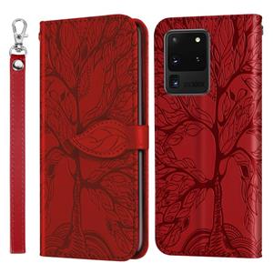 huismerk Voor Samsung Galaxy S20 Ultra Life of Tree Embossing Pattern Horizontale Flip Lederen Case met Holder & Card Slot & Wallet & Photo Frame & Lanyard(Red