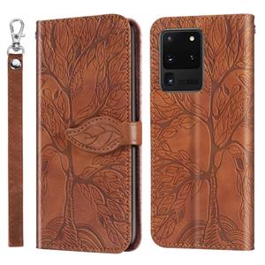 huismerk Voor Samsung Galaxy S20 Ultra Life of Tree Embossing Pattern Horizontale Flip Lederen Case met Holder & Card Slot & Wallet & Photo Frame & Lanyard(Bru