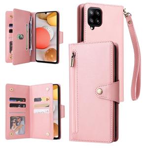 huismerk Voor Samsung Galaxy A42 5G Klinknagel Gesp 9 kaarten Drie vouw leren telefooncase (ROSE GOUD)