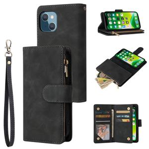 huismerk Multifunctional Phone Leather Case with Card Slot & Holder & Zipper Wallet & Photo Frame For iPhone 13 mini(Black)