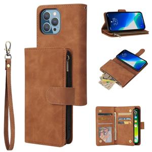 huismerk Multifunctional Phone Leather Case with Card Slot & Holder & Zipper Wallet & Photo Frame For iPhone 13 Pro(Brown)