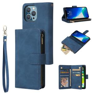 huismerk Multifunctional Phone Leather Case with Card Slot & Holder & Zipper Wallet & Photo Frame For iPhone 13 Pro(Blue)