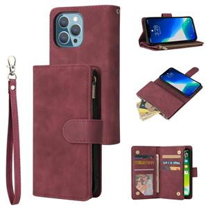 huismerk Multifunctional Phone Leather Case with Card Slot & Holder & Zipper Wallet & Photo Frame For iPhone 13 Pro Max(Wine Red)