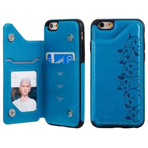 huismerk Voor iPhone 6 Six Cats Embossing Pattern Protective Case met Holder & Card Slots & Photo Frame(Blue)