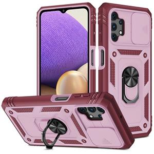 huismerk Voor Samsung Galaxy A32 5G Sliding Camera Cover Design TPU + PC Beschermhoes met 360 graden roterende houder en kaartsleuf (roze + donkerrood)