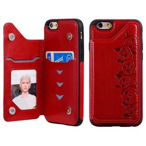 huismerk Voor iPhone 6 Six Cats Embossing Pattern Protective Case met Holder & Card Slots & Photo Frame(Red)