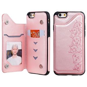 huismerk Voor iPhone 6 Six Cats Embossing Pattern Protective Case met Holder & Card Slots & Photo Frame(Rose Gold)