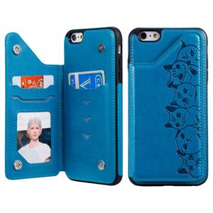 huismerk Voor iPhone 6 Plus Six Cats Embossing Pattern Protective Case met Holder & Card Slots & Photo Frame(Blue)