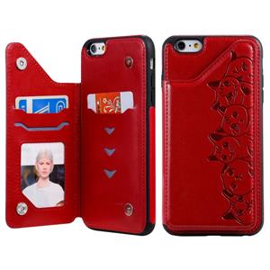 huismerk Voor iPhone 6 Plus Six Cats Embossing Pattern Protective Case met Holder & Card Slots & Photo Frame(Red)