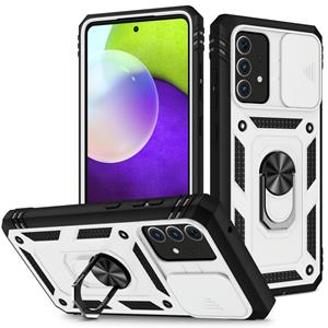 huismerk For Samsung Galaxy A52 Sliding Camera Cover Design TPU + PC Protective Case with 360 Degree Rotating Holder & Card Slot(White+Black)