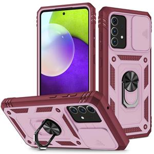 huismerk Voor Samsung Galaxy A52 Sliding Camera Cover Design TPU + PC Beschermhoes met 360 graden roterende houder en kaartsleuf (roze + donkerrood)