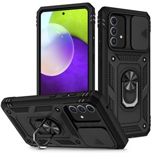 huismerk Voor Samsung Galaxy A52 Glijdende Camera Cover Design TPU + PC-beschermhoes met 360 graden roterende houder & kaartsleuf (zwart + zwart)