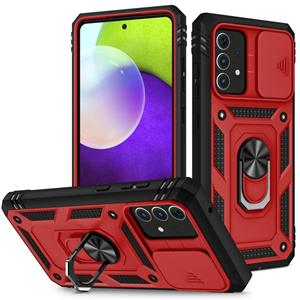 huismerk Voor Samsung Galaxy A52 Sliding Camera Cover Design TPU + PC Beschermhoes met 360 graden roterende houder en kaartsleuf (rood + zwart)