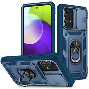 huismerk For Samsung Galaxy A52 Sliding Camera Cover Design TPU + PC Protective Case with 360 Degree Rotating Holder & Card Slot(Blue+Blue)