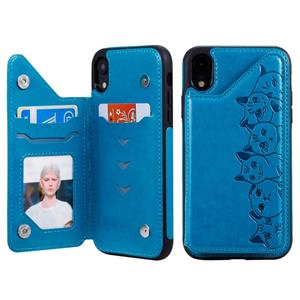 huismerk Voor iPhone XR Six Cats Embossing Pattern Protective Case met Holder & Card Slots & Photo Frame(Blue)