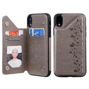 huismerk Voor iPhone XR Zes Katten Embossing Pattern Protective Case met Houder & Card Slots & Photo Frame(Grey)