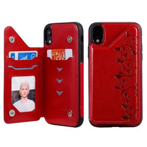 huismerk Voor iPhone XR Six Cats Embossing Pattern Protective Case met Holder & Card Slots & Photo Frame(Red)