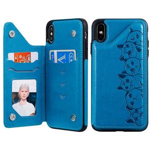 huismerk Voor iPhone XS Max Six Cats Embossing Pattern Protective Case met Holder & Card Slots & Photo Frame(Blue)