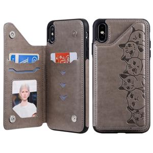 huismerk Voor iPhone XS Max Six Cats Embossing Pattern Protective Case met Holder & Card Slots & Photo Frame(Grey)