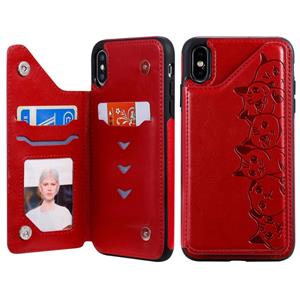 huismerk Voor iPhone XS Max Six Cats Embossing Pattern Protective Case met Holder & Card Slots & Photo Frame(Red)