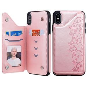 huismerk Voor iPhone XS Max Six Cats Embossing Pattern Protective Case met Holder & Card Slots & Photo Frame(Rose Gold)