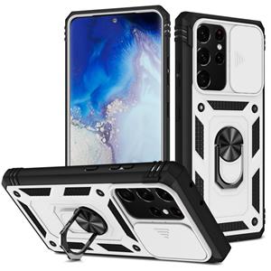 huismerk Voor Samsung Galaxy S21 Ultra 5G Sliding Camera Cover Design TPU + PC-beschermhoes met 360 graden roterende houder & kaartsleuf (wit + zwart)