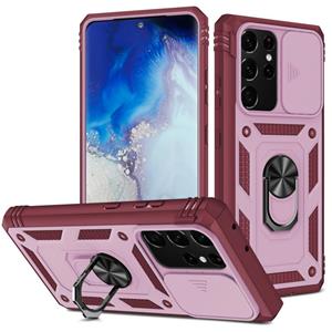 huismerk Voor Samsung Galaxy S21 Ultra 5G Sliding Camera Cover Design TPU + PC Beschermhoes met 360 graden roterende houder en kaartsleuf (roze + donkerrood)