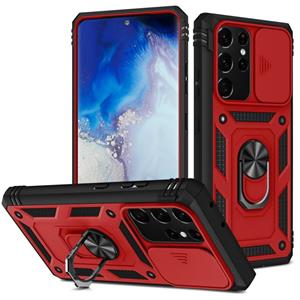 huismerk Voor Samsung Galaxy S21 Ultra 5G Sliding Camera Cover Design TPU + PC Beschermhoes met 360 graden roterende houder en kaartsleuf (rood + zwart)